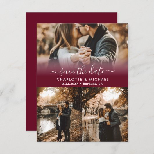 Bourgogne Moderne Trouwfoto Sla de datumkaarten op Aankondiging (Voorkant / Achterkant)