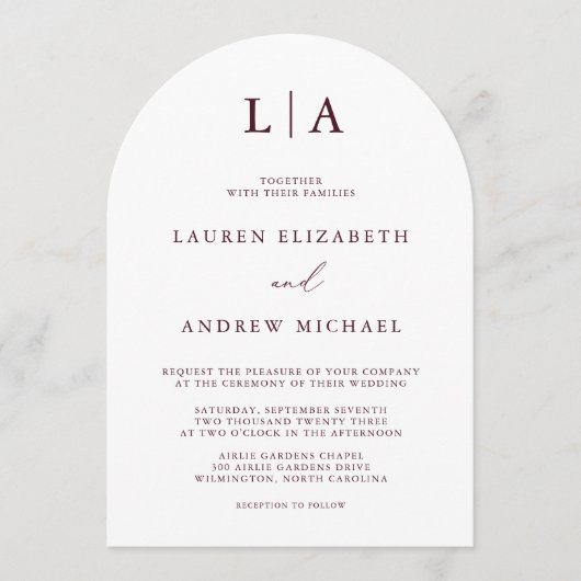 Bourgogne Monogram Boog Eenvoudige Minimalistische Kaart (Voorkant)