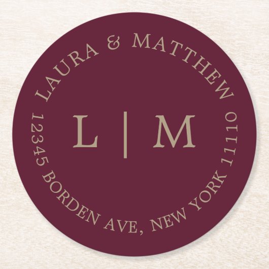 Bourgogne Monogram bruiloft Ronde Kartonnen Onderzetter (Voorkant)