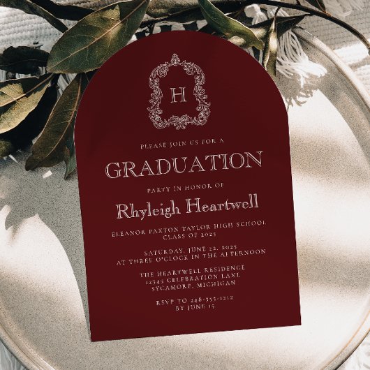 Bourgogne Monogram Crest Arch Graduation Party Kaart