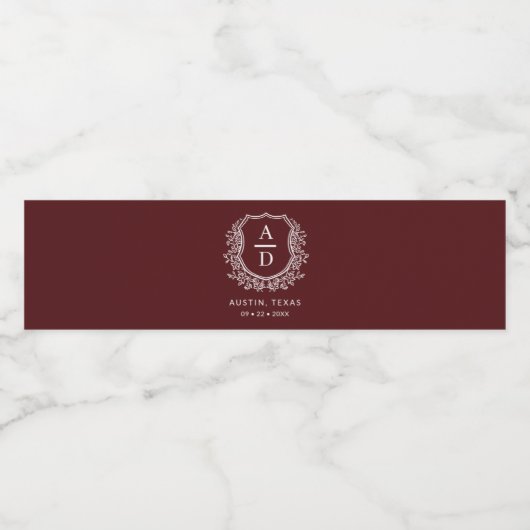 Bourgogne Monogram Huwelijk Floral Crest Waterfles Etiket (Enkel label)