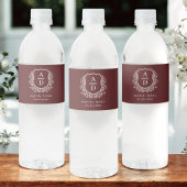 Bourgogne Monogram Huwelijk Floral Crest Waterfles Etiket