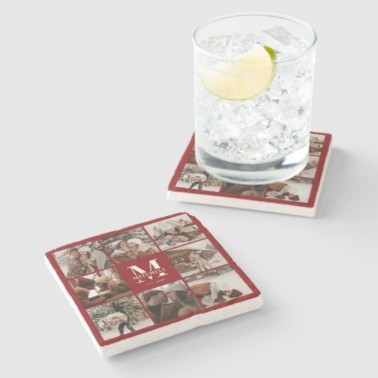 Bourgogne Monogram Initiaal Familienaam & Foto Stenen Onderzetter (Zijkant)