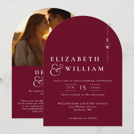 Bourgogne Monogram QR Code Foto Wedding Arch Kaart (Voorkant / Achterkant)