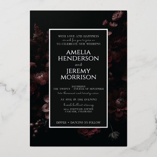 Bourgogne Moody Bloemen met Details Folie Uitnodiging (Voorkant)