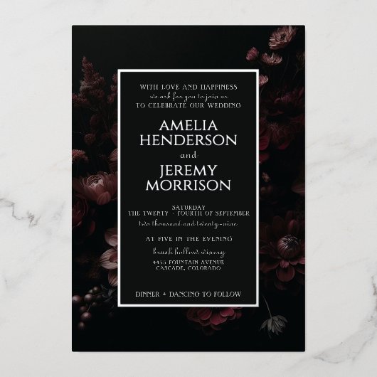 Bourgogne Moody Floral Folie Uitnodiging (Voorkant)