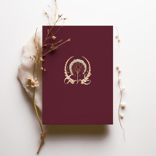 Bourgogne Navy Blauw & Antiek Goud Bloemen Bruilof Kaart