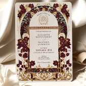 Bourgogne Navy Blauw & Antiek Goud Bloemen Bruilof Kaart