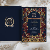 Bourgogne Navy Blauw & Antiek Goud Bloemen Bruilof Kaart