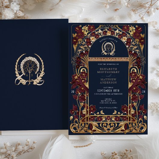 Bourgogne Navy Blauw & Antiek Goud Bloemen Bruilof Kaart
