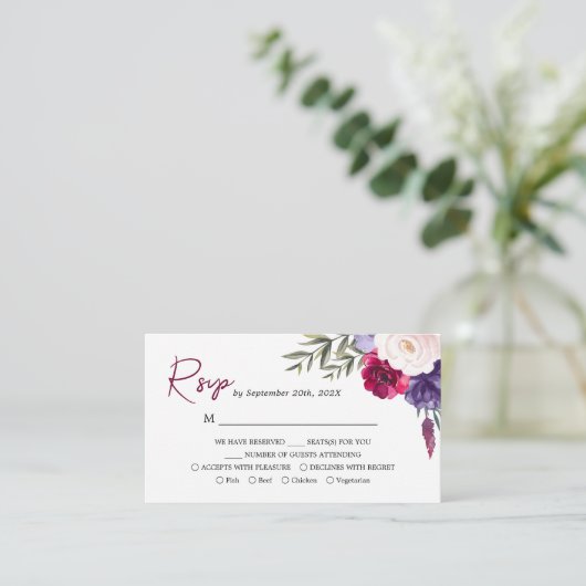 Bourgogne Navy Blauw Blush Bloemen Bruiloft RSVP K Informatiekaartje (Staand voorkant)