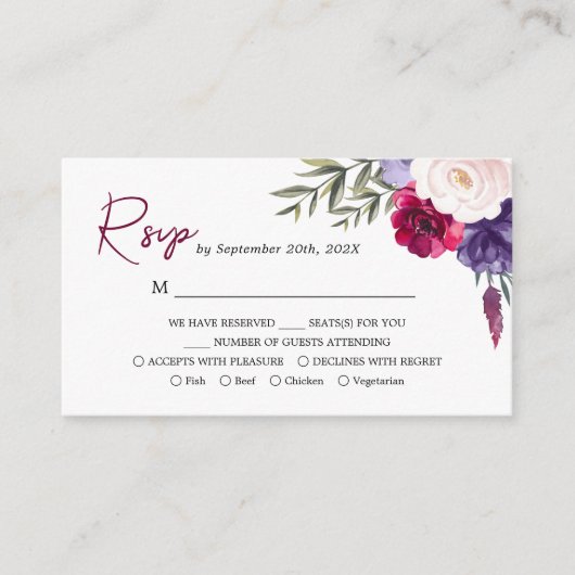 Bourgogne Navy Blauw Blush Bloemen Bruiloft RSVP K Informatiekaartje (Voorkant)