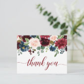 Bourgogne Navy Blauw Blush Bloemen Dank u Briefkaart (Staand voorkant)