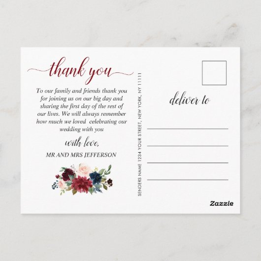 Bourgogne Navy Blauw Blush Bloemen Dank u Briefkaart (Achterkant)