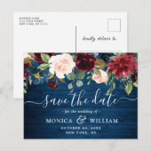 Bourgogne Navy Blauw Blush Bruiloft Save the Date Aankondigingskaart (Voorkant / Achterkant)