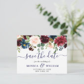 Bourgogne Navy Blauw Blush Bruiloft Save the Date Aankondigingskaart (Staand voorkant)