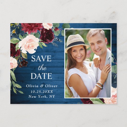 Bourgogne Navy Blauw Blush Bruiloft Save the Date Briefkaart (Voorkant)