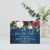 Bourgogne Navy Blauw Blush Bruiloft Save the Date Briefkaart (Staand voorkant)