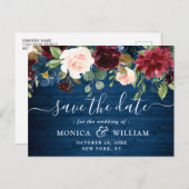 Bourgogne Navy Blauw Blush Bruiloft Save the Date Briefkaart (Voorkant / Achterkant)