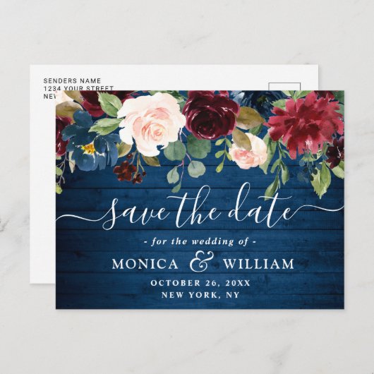 Bourgogne Navy Blauw Blush Bruiloft Save the Date Briefkaart (Voorkant / Achterkant)