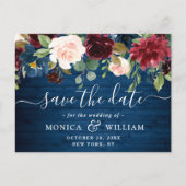 Bourgogne Navy Blauw Blush Bruiloft Save the Date Briefkaart (Voorkant)