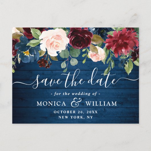 Bourgogne Navy Blauw Blush Bruiloft Save the Date Briefkaart (Voorkant)