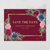 Bourgogne Navy Blauw Blush Goud Bloemen Save The D Aankondigingskaart (Voorkant)