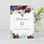 Bourgogne Navy Bloemen Elegant Foliage Tafel Numme Kaart (Staand voorkant)