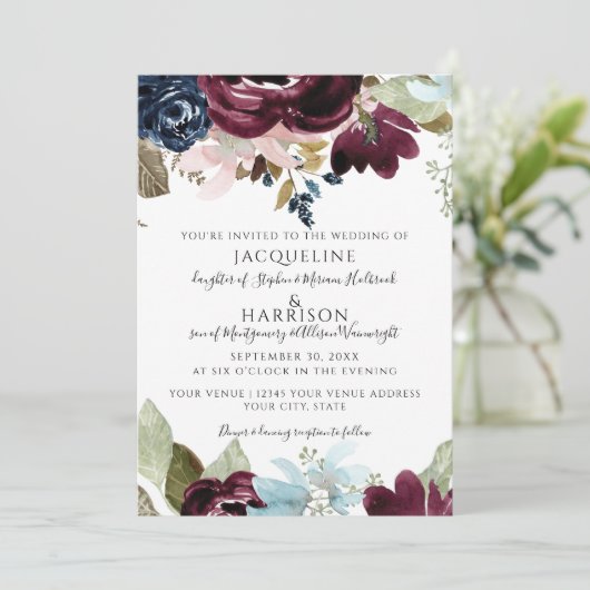 Bourgogne Navy Bloemen Elegante Herfst Foliage Bru Kaart (Staand voorkant)