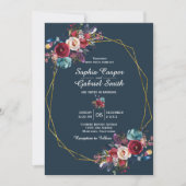 Bourgogne Navy Bloemen Goud Lijst op grijs Bruilof Kaart (Voorkant)