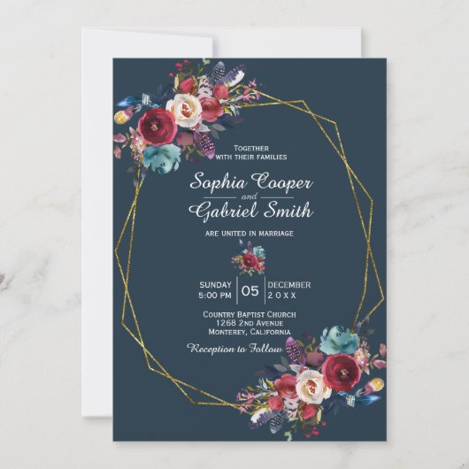 Bourgogne Navy Bloemen Goud Lijst op grijs Bruilof Kaart (Voorkant)