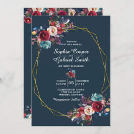 Bourgogne Navy Bloemen Goud Lijst op grijs Bruilof Kaart