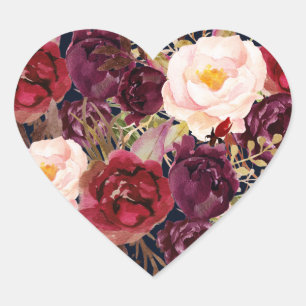 Bourgogne Navy Bloemen Herfst Bruiloft Hart Seal Hart Sticker