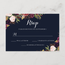 Bourgogne Navy Bloemen Herfst Bruiloft RSVP