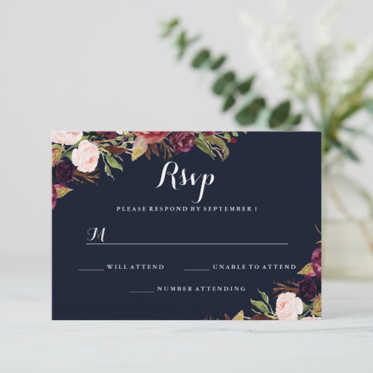 Bourgogne Navy Bloemen Herfst Bruiloft RSVP (Staand voorkant)