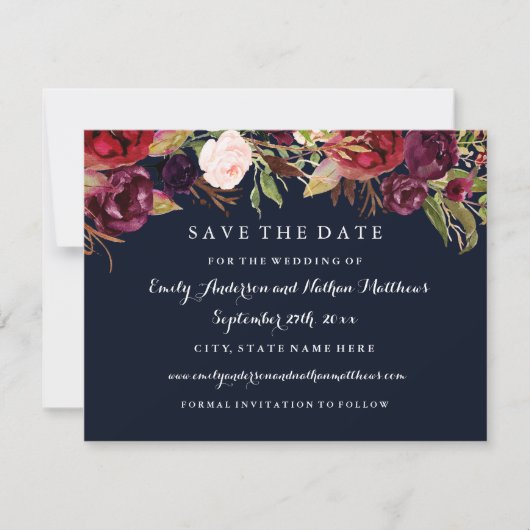 Bourgogne Navy Bloemen Herfst Bruiloft Save the Da Save The Date (Voorkant)