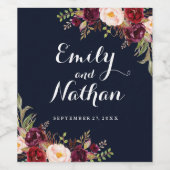 Bourgogne Navy Bloemen Herfst Bruiloft Wijn Label Wijn Etiket (Enkel label)