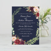 Bourgogne Navy Bloemen Krans bruiloft uitnodiging (Staand voorkant)