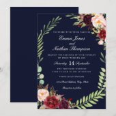 Bourgogne Navy Bloemen Krans bruiloft uitnodiging (Voorkant / Achterkant)
