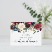 Bourgogne Navy Bloemen Matron of Honor Voorstel Ka Briefkaart (Staand voorkant)