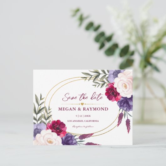 Bourgogne Navy Blue & Blush Peony Geo Save the Dat Briefkaart (Staand voorkant)