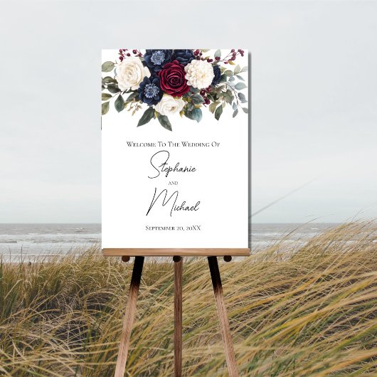 Bourgogne Navy Blue Cream Bloemen Trouwbord Poster