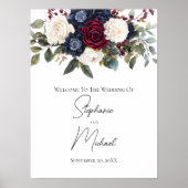 Bourgogne Navy Blue Cream Bloemen Trouwbord Poster (Voorkant)