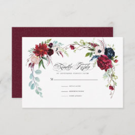 Bourgogne | Navy Blue Floral Wedding RSVP Kaart