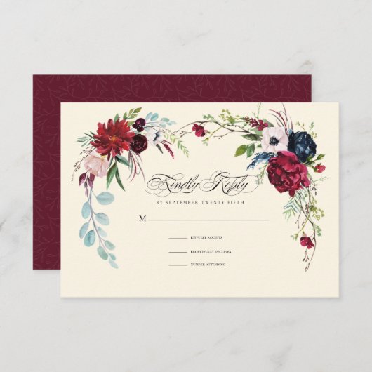 Bourgogne | Navy Blue Floral Wedding RSVP Kaart (Voorkant / Achterkant)