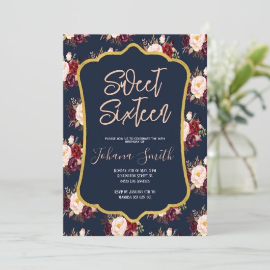 Bourgogne Navy Blue Peony Floral 16e verjaardag Kaart (Staand voorkant)