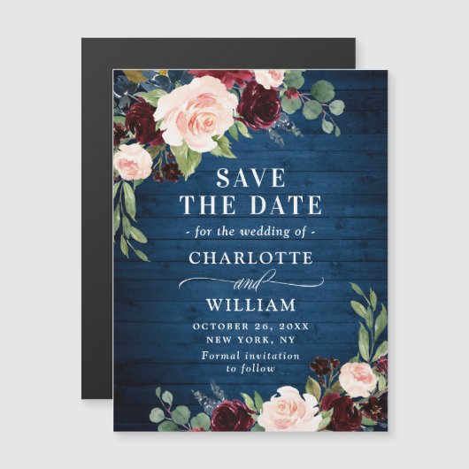 Bourgogne Navy Blue Save the Date Magnetische Kaar (Voorkant / Achterkant)