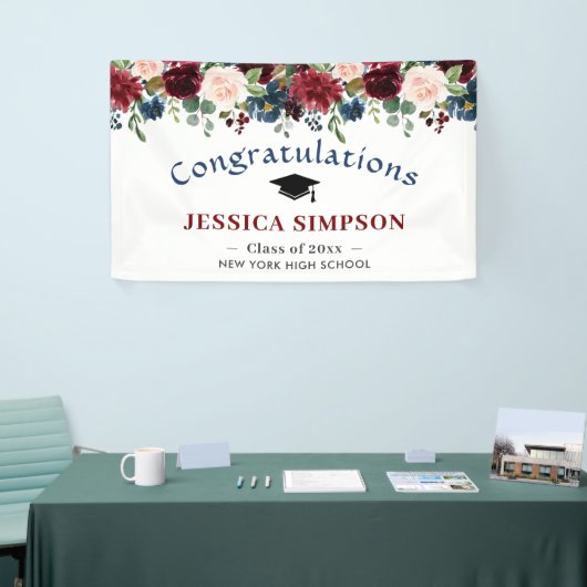 Bourgogne Navy Blush Bloemen Afstuderen Klasse 202 Spandoek (Beurs)