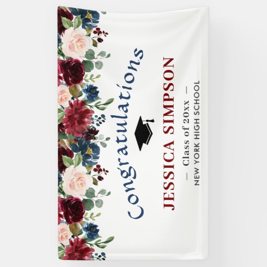 Bourgogne Navy Blush Bloemen Afstuderen Klasse 202 Spandoek (Verticaal)