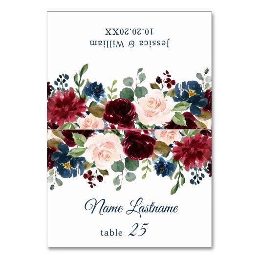 Bourgogne Navy Blush Bloemen Bruiloft Escort Kaart (Voorkant)